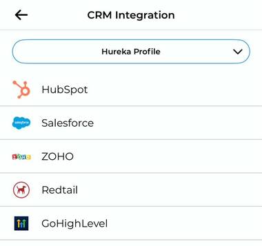 mTap CRM Integration screen listing HubSpot, Salesforce, ZOHO, Redtail and GoHighLevel.