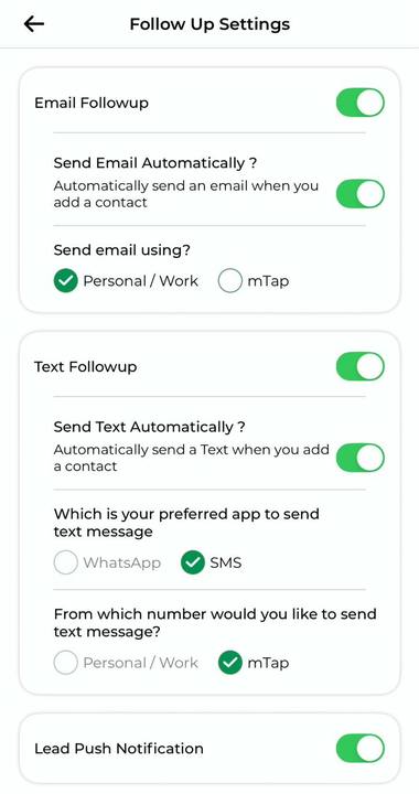 mTap Follow Up Settings screen with automatic email and text follow-up switched on.