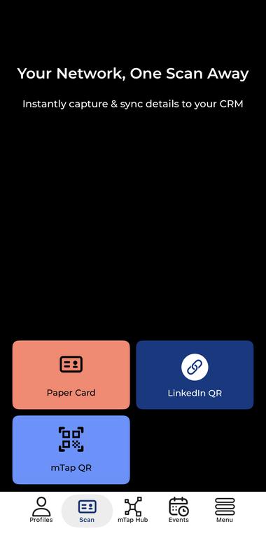 mTap capture screen offering paper card, LinkedIn QR and mTap QR options.