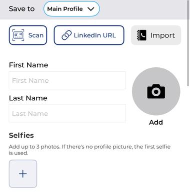 mTap add-contact screen with capture, LinkedIn URL and import options plus a selfies section.