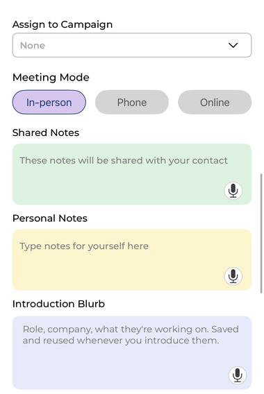 mTap contact detail screen with campaign, meeting mode, shared notes, personal notes and introduction blurb.